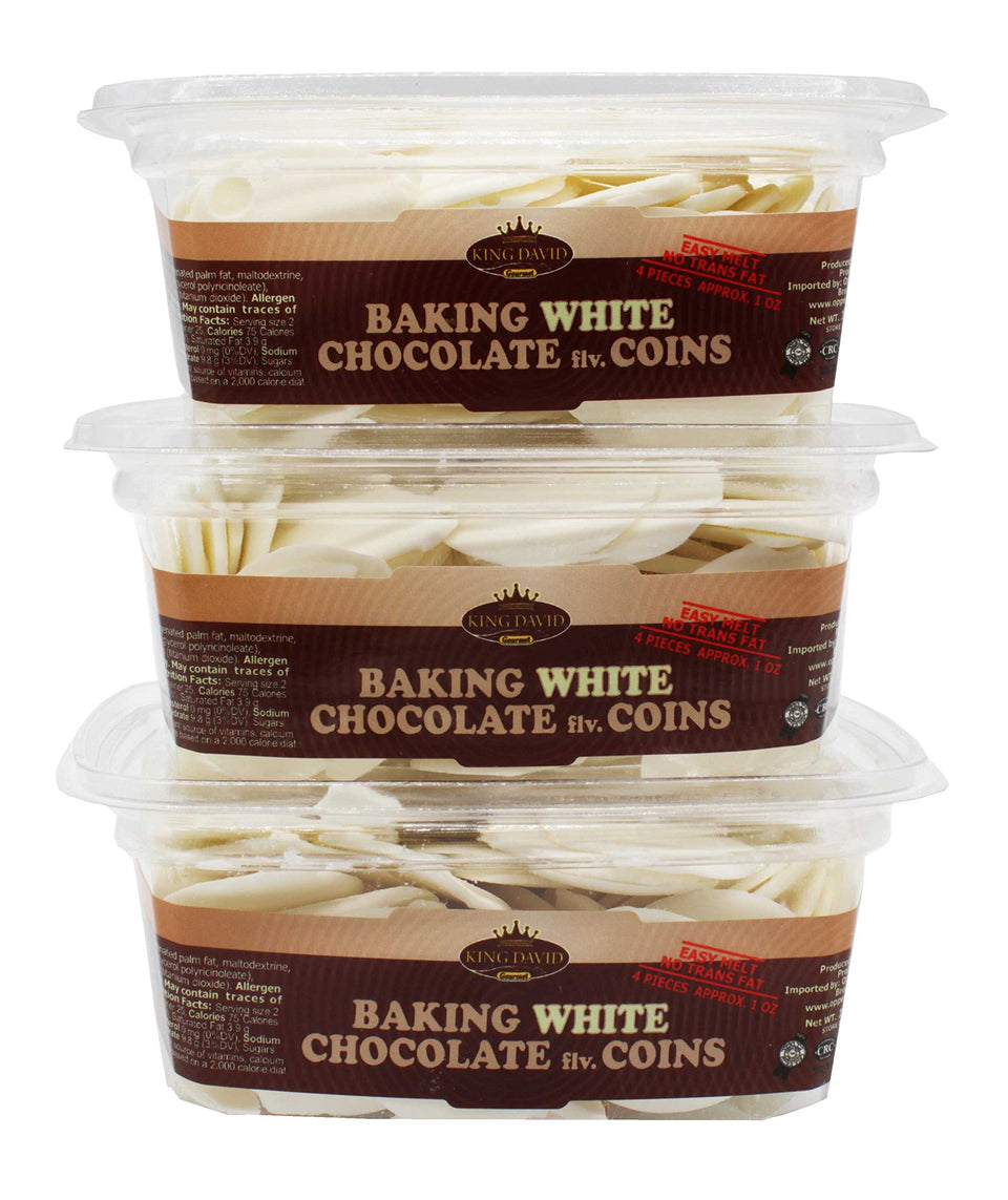 King David Easy Melt White Baking Coins in a jar for quick baking prep.
