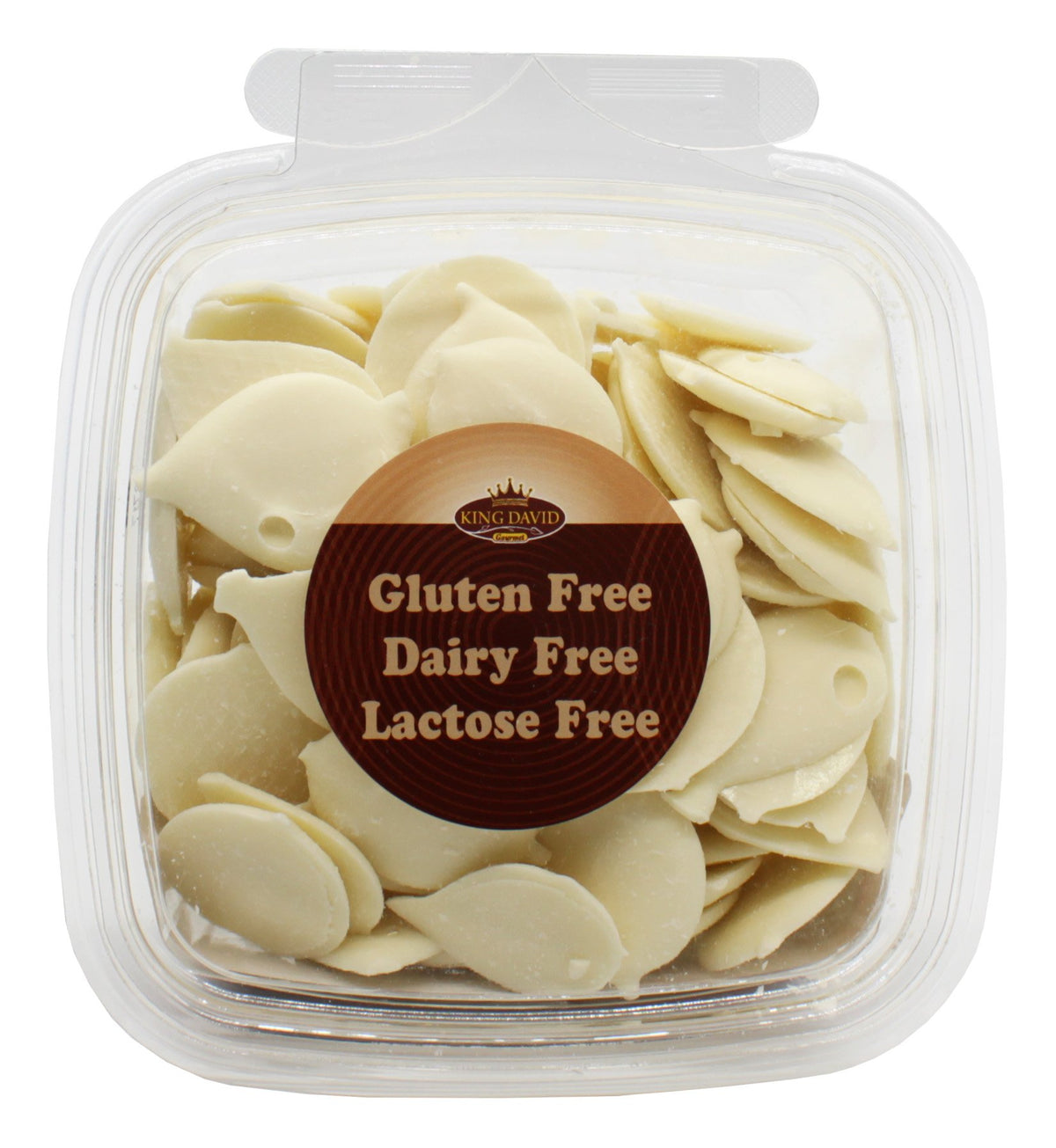 King David Kosher White Baking Coins ready to melt for dairy-free desserts.