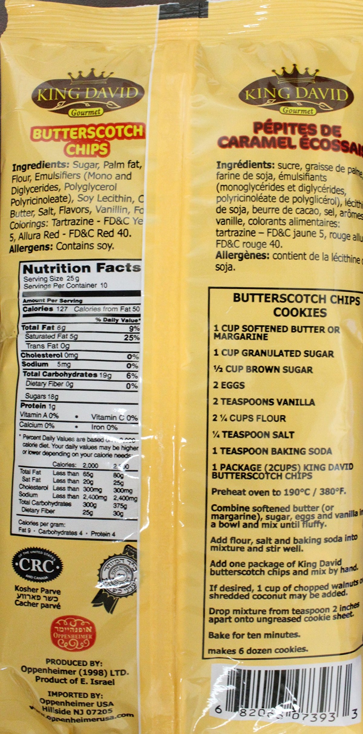 King David vegan butterscotch chips ingredient list shows dairy-free formula