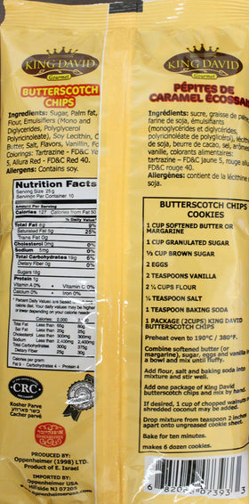 King David vegan butterscotch chips ingredient list shows dairy-free formula