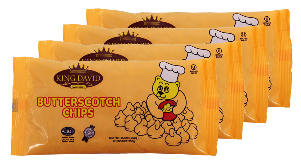 King David vegan butterscotch chips packaging in four-pack for baking