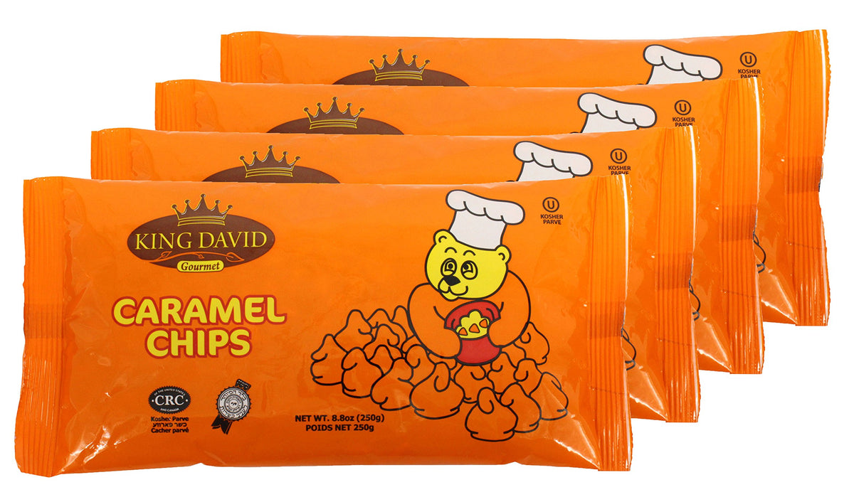 King David vegan caramel chips pack front view for convenient snacking.