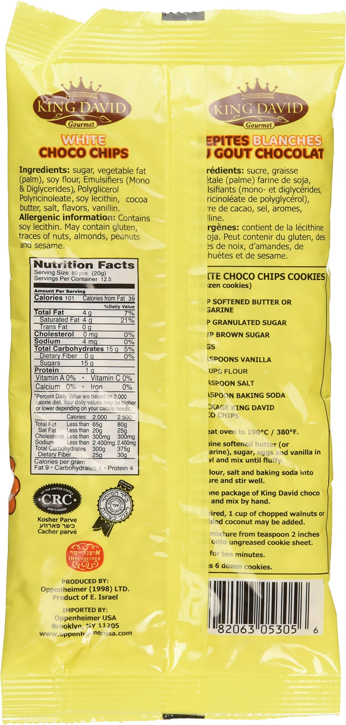 King David vegan white chocolate chips close-up texture, smooth and dairy-free for baking