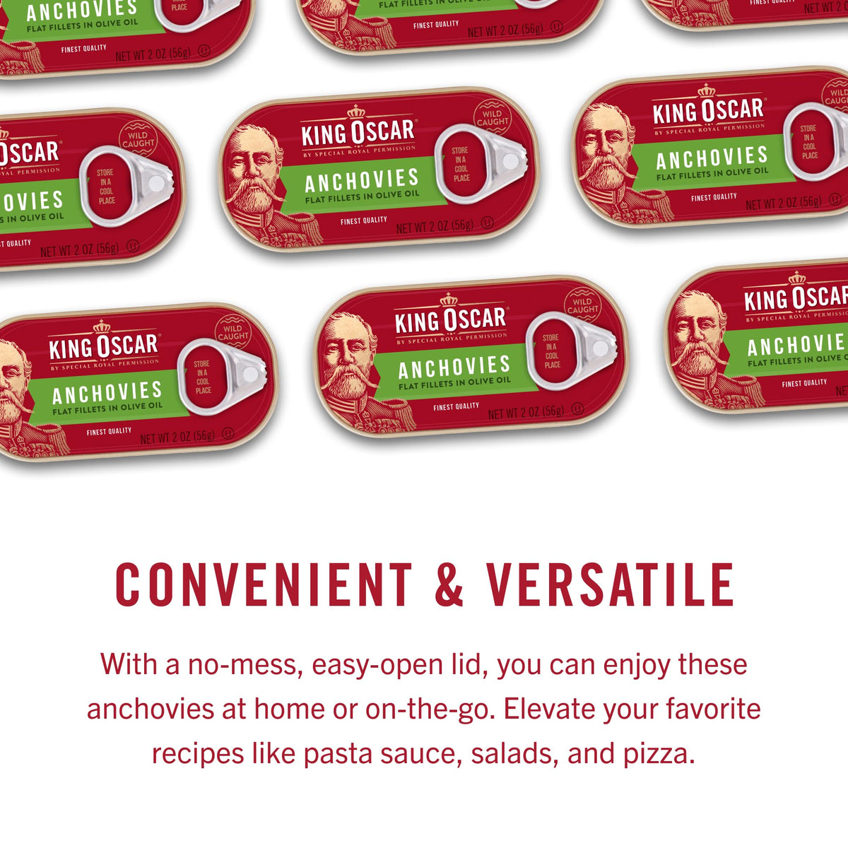 King Oscar anchovies cans in kitchen cabinet for easy pantry meals.
