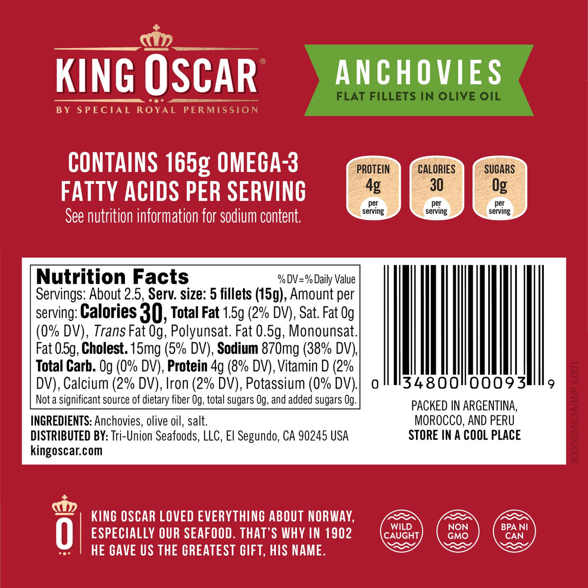 King Oscar anchovies in olive oil 18-pack stacked on pantry shelf for bulk use.