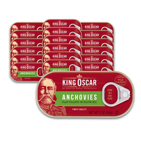 King Oscar anchovies in olive oil can close-up showing premium flavor for pizza toppings.