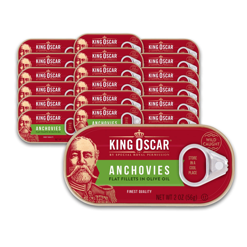 King Oscar anchovies in olive oil can close-up showing premium flavor for pizza toppings.