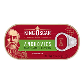 King Oscar anchovies in olive oil can label highlights simple ingredients and kosher certification.