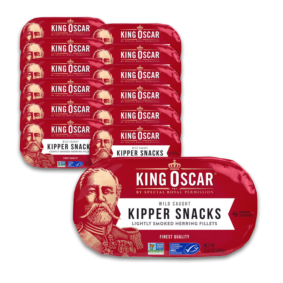 King Oscar kipper snacks 12-pack can for quick, protein-rich meals.