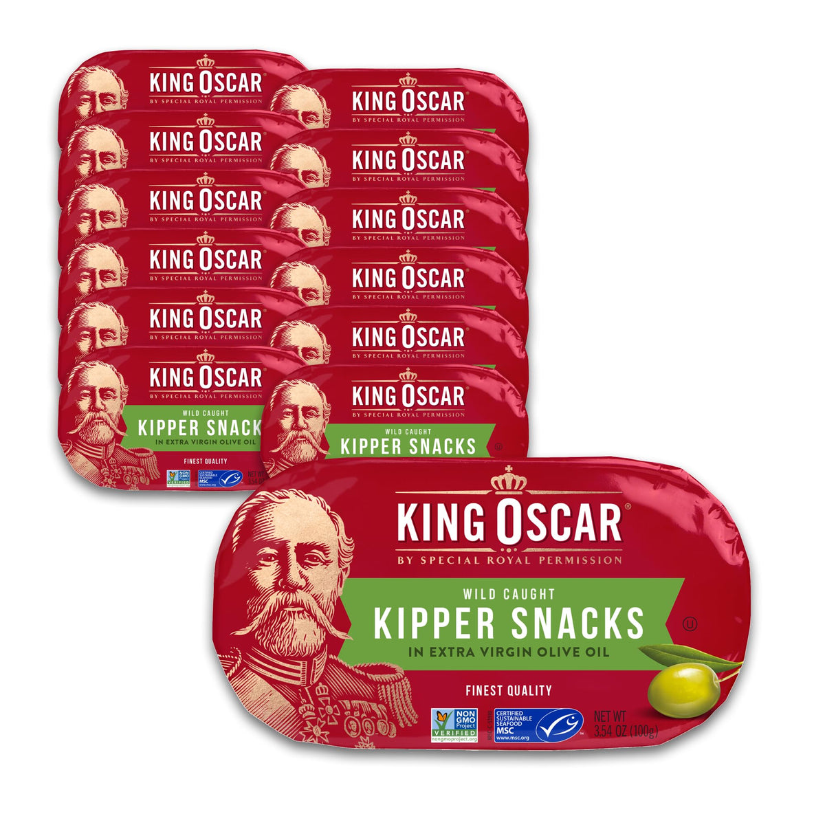 King Oscar Kipper Snacks in EVOO can closeup highlighting premium wild-caught herring flavor