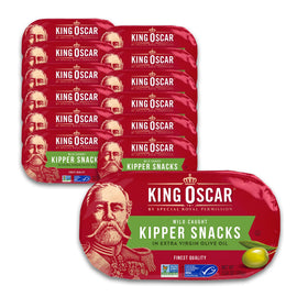 King Oscar Kipper Snacks in EVOO can closeup highlighting premium wild-caught herring flavor