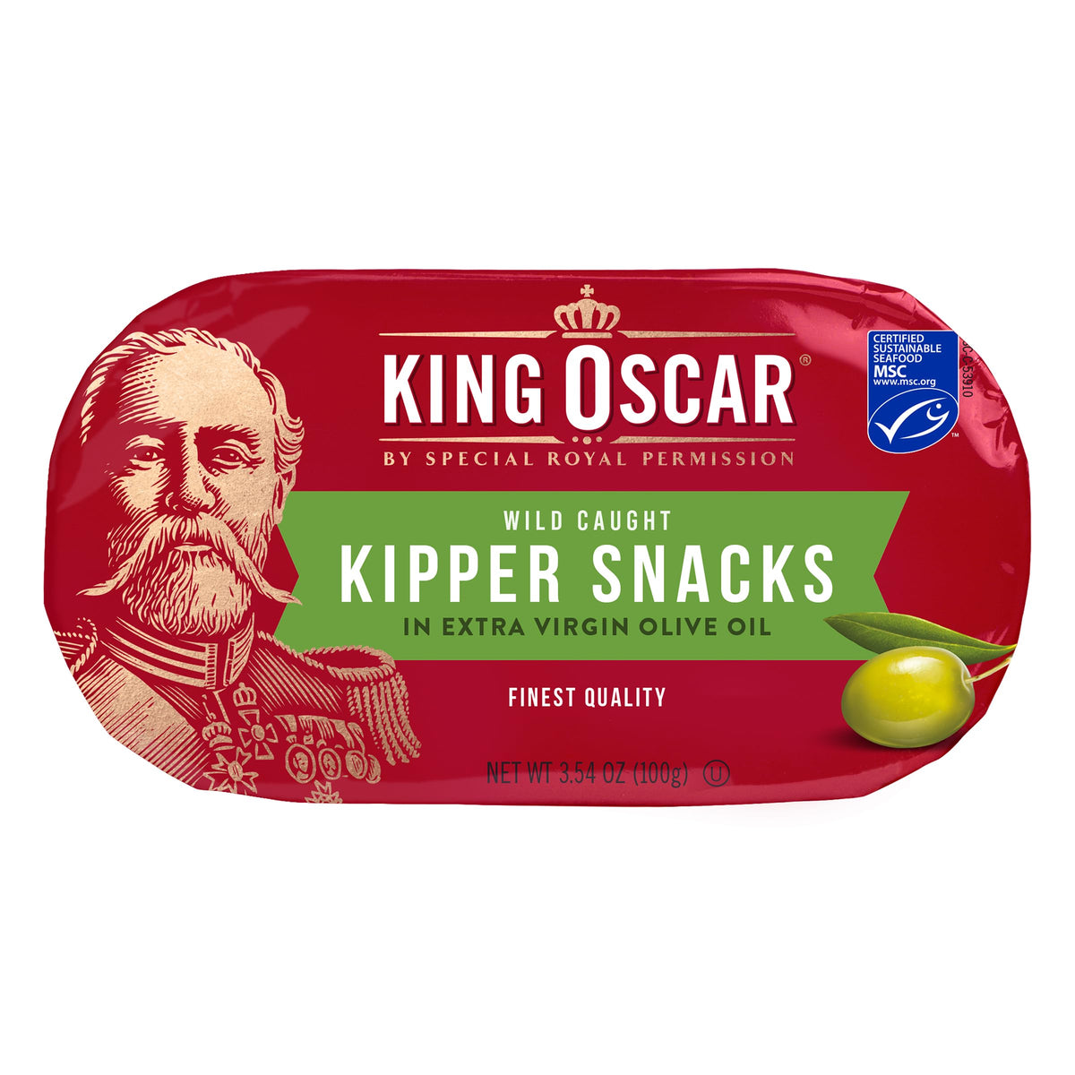 King Oscar Kipper Snacks EVOO open can reveals boneless fillets ready to enjoy