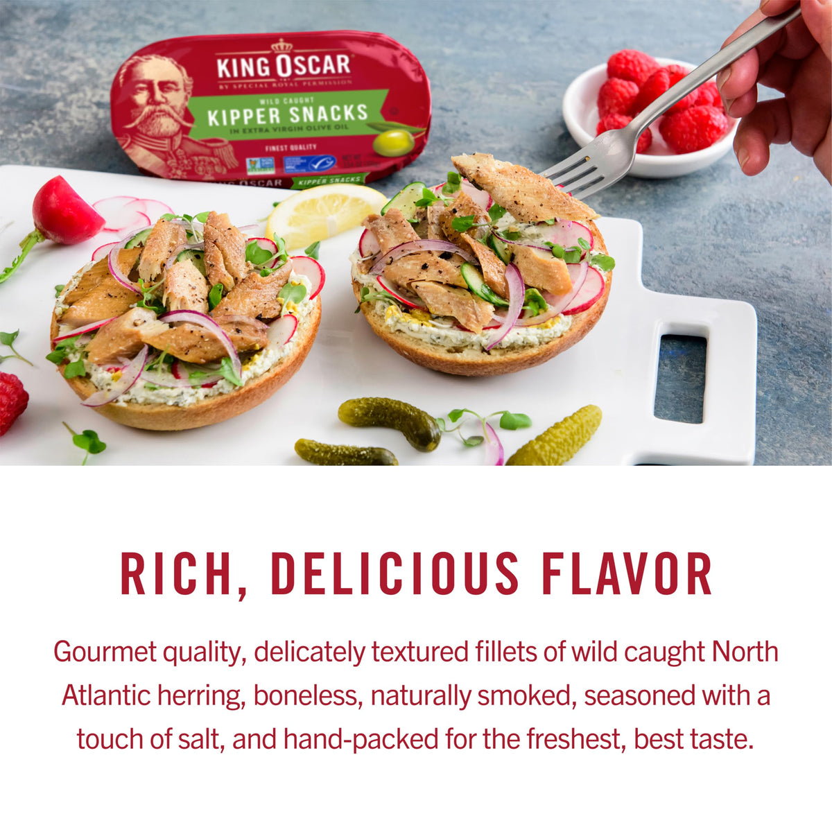 King Oscar kipper snacks on toast provide a versatile breakfast option