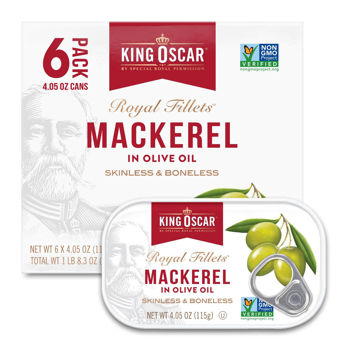 King Oscar mackerel in olive oil can closed, premium flavor for quick meals.