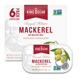 King Oscar mackerel in olive oil can closed, premium flavor for quick meals.
