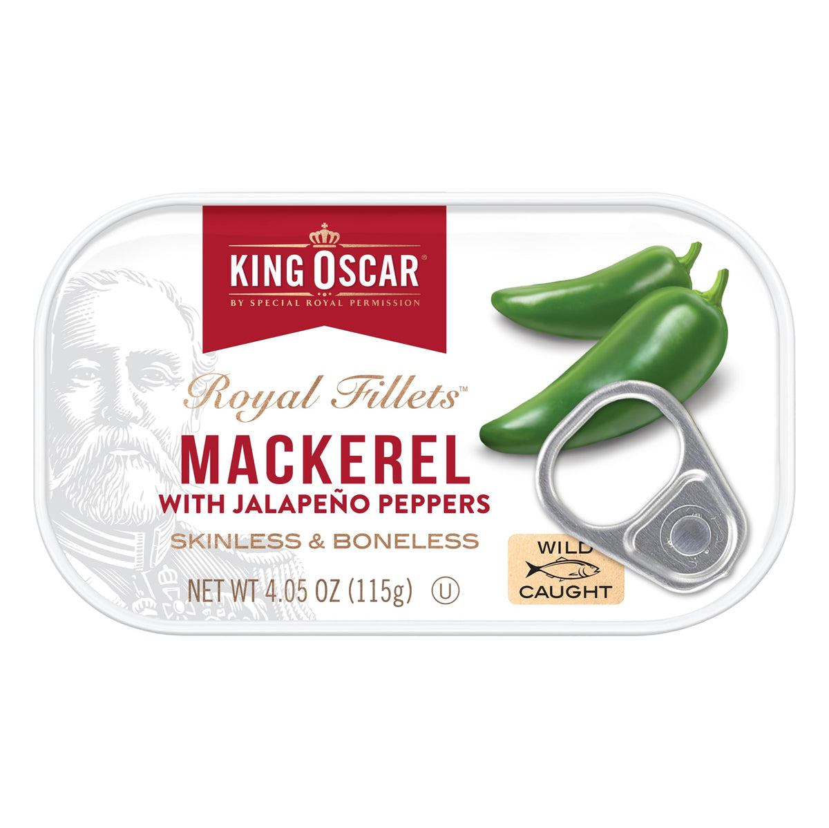King Oscar olive oil can close-up with jalapeño slices visible, elevating salads.