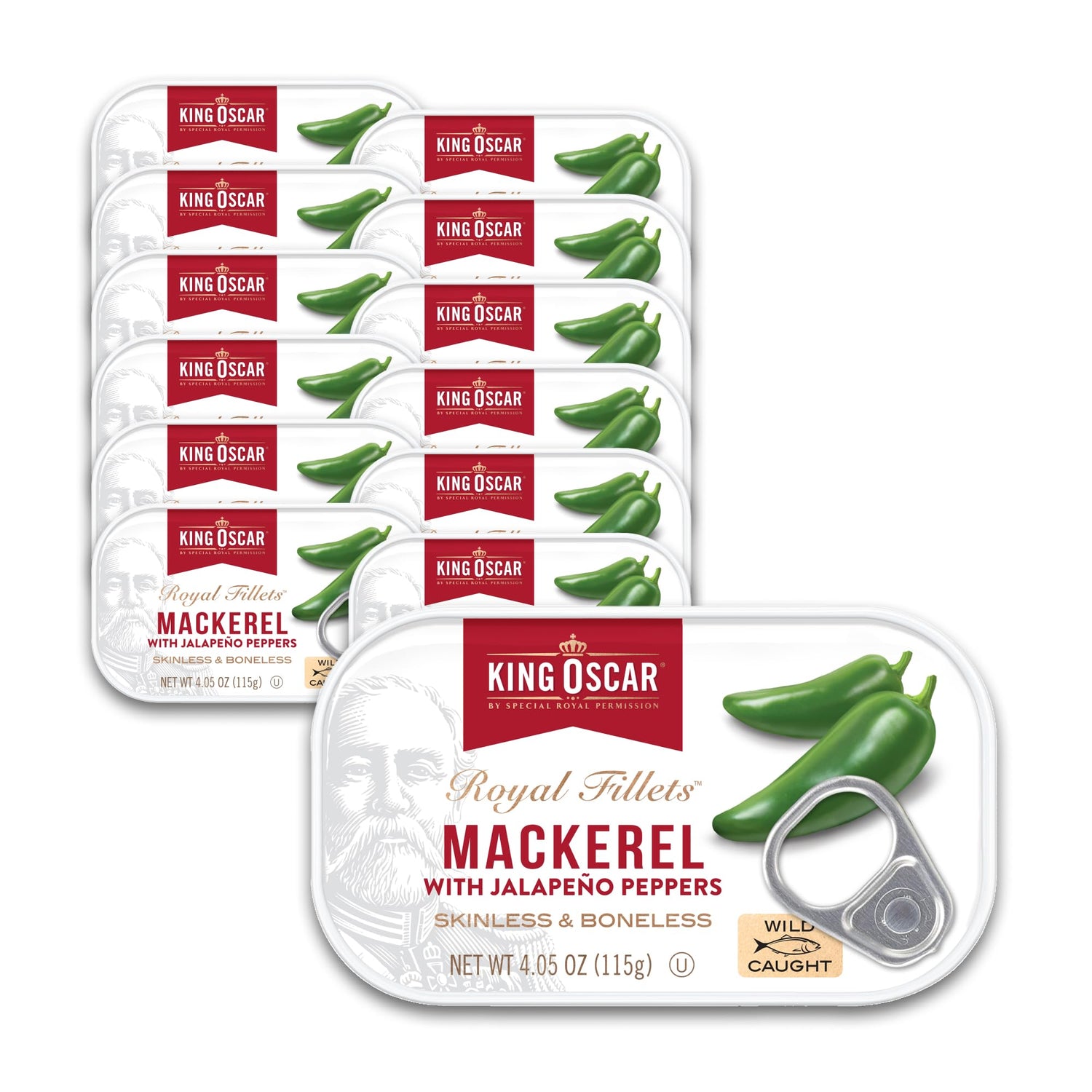 King Oscar mackerel in olive oil can front view, premium quality for quick meals.