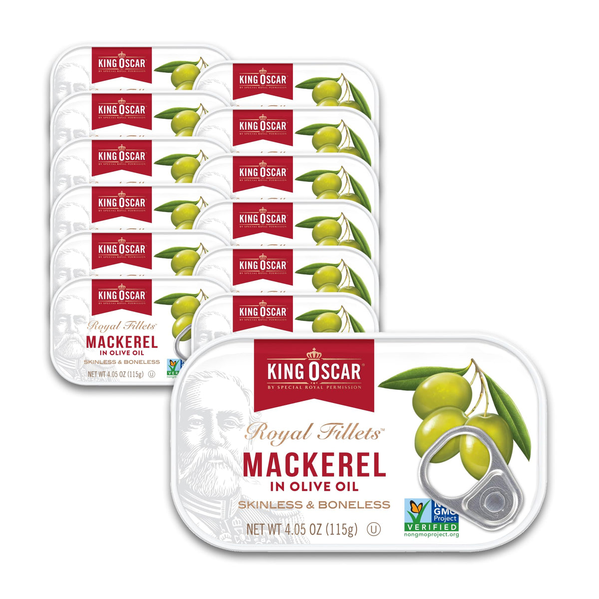 King Oscar mackerel in olive oil can showcasing premium, ready-to-use seafood indulgence.