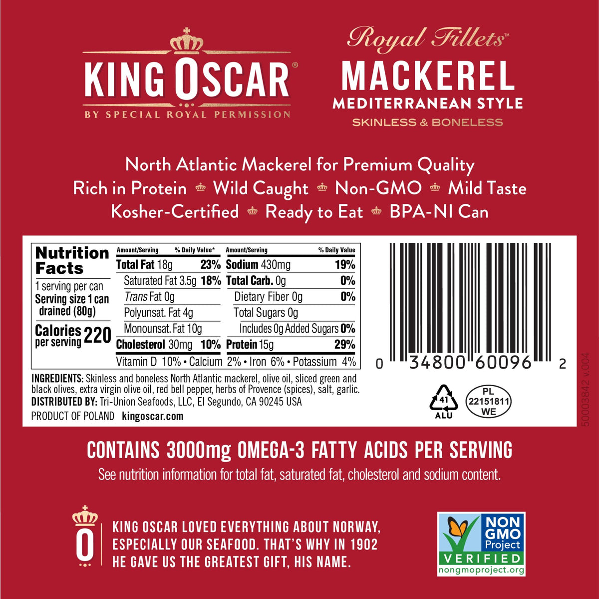 Skinless, boneless King Oscar mackerel fillets in olive oil texture.