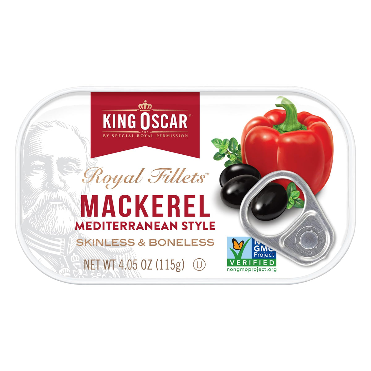 Close-up of King Oscar mackerel ingredients in olive oil for Mediterranean flavor.