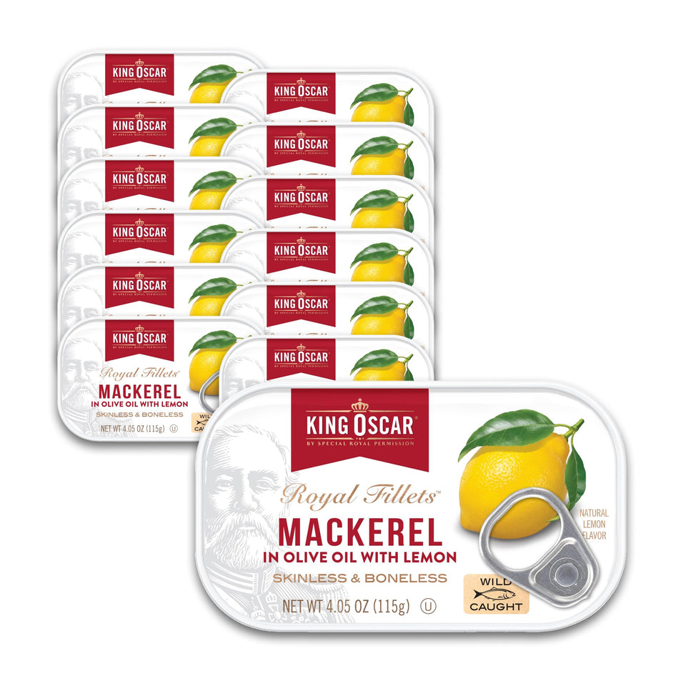 King Oscar mackerel in olive oil lemon can highlights premium texture and clean ingredients