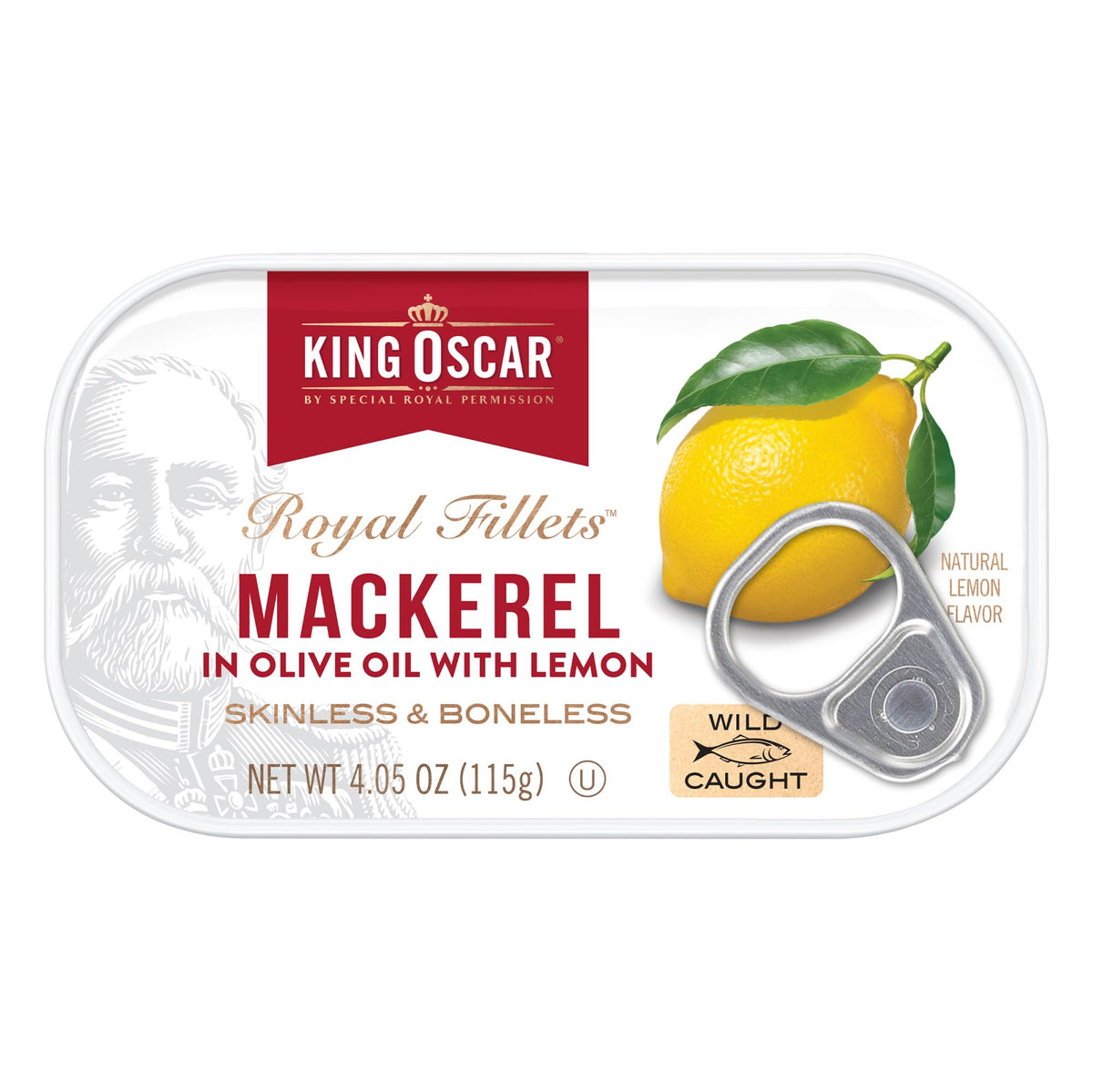 King Oscar mackerel olive oil lemon packaging emphasizes quality and convenience