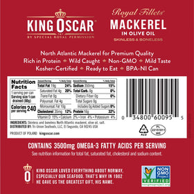 King Oscar mackerel in olive oil served over pasta boosts flavor.
