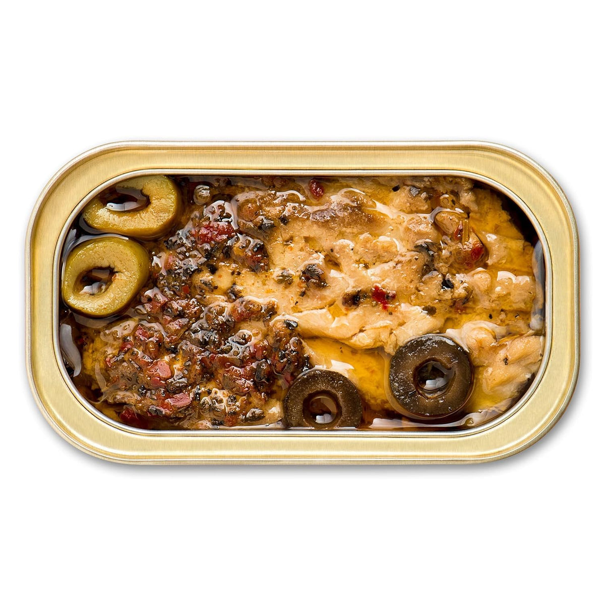 Opened King Oscar mackerel tin in olive oil demonstrating easy serving.