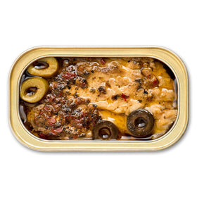 Opened King Oscar mackerel tin in olive oil demonstrating easy serving.