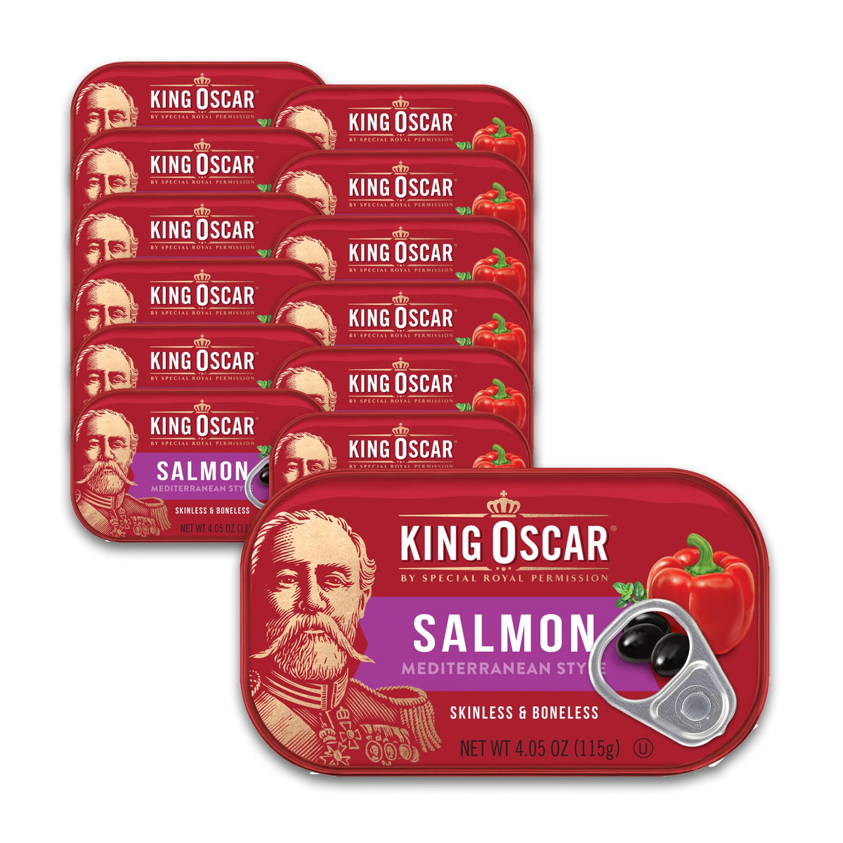 King Oscar Premium Salmon in Olive Oil package view, ready for quick meals.