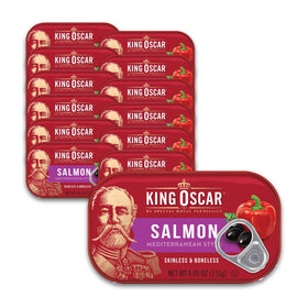 King Oscar Premium Salmon in Olive Oil package view, ready for quick meals.