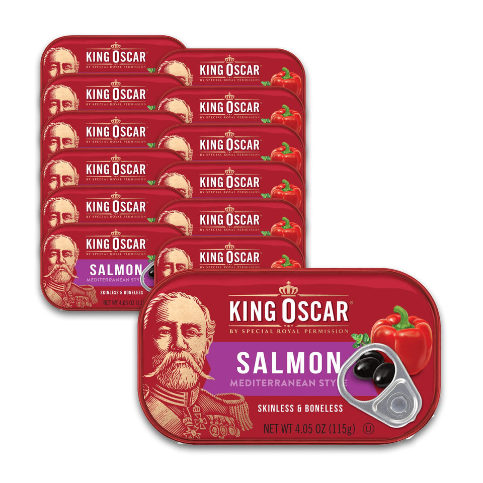 King Oscar Premium Salmon in Olive Oil package view, ready for quick meals.