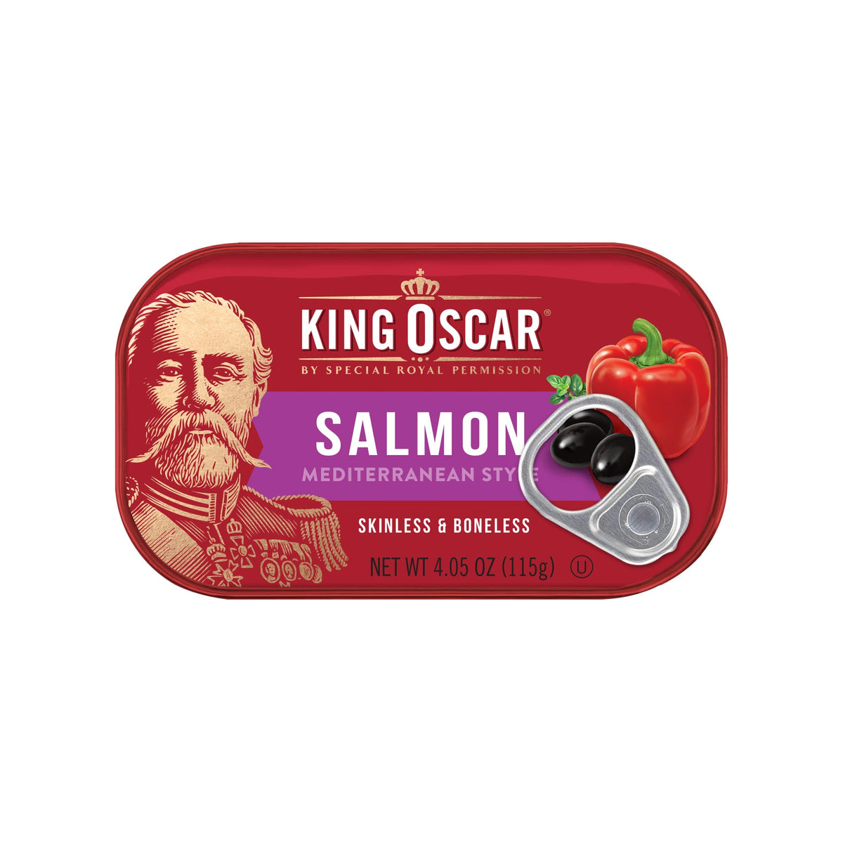 King Oscar Premium Salmon in Olive Oil slices close-up, Mediterranean notes.