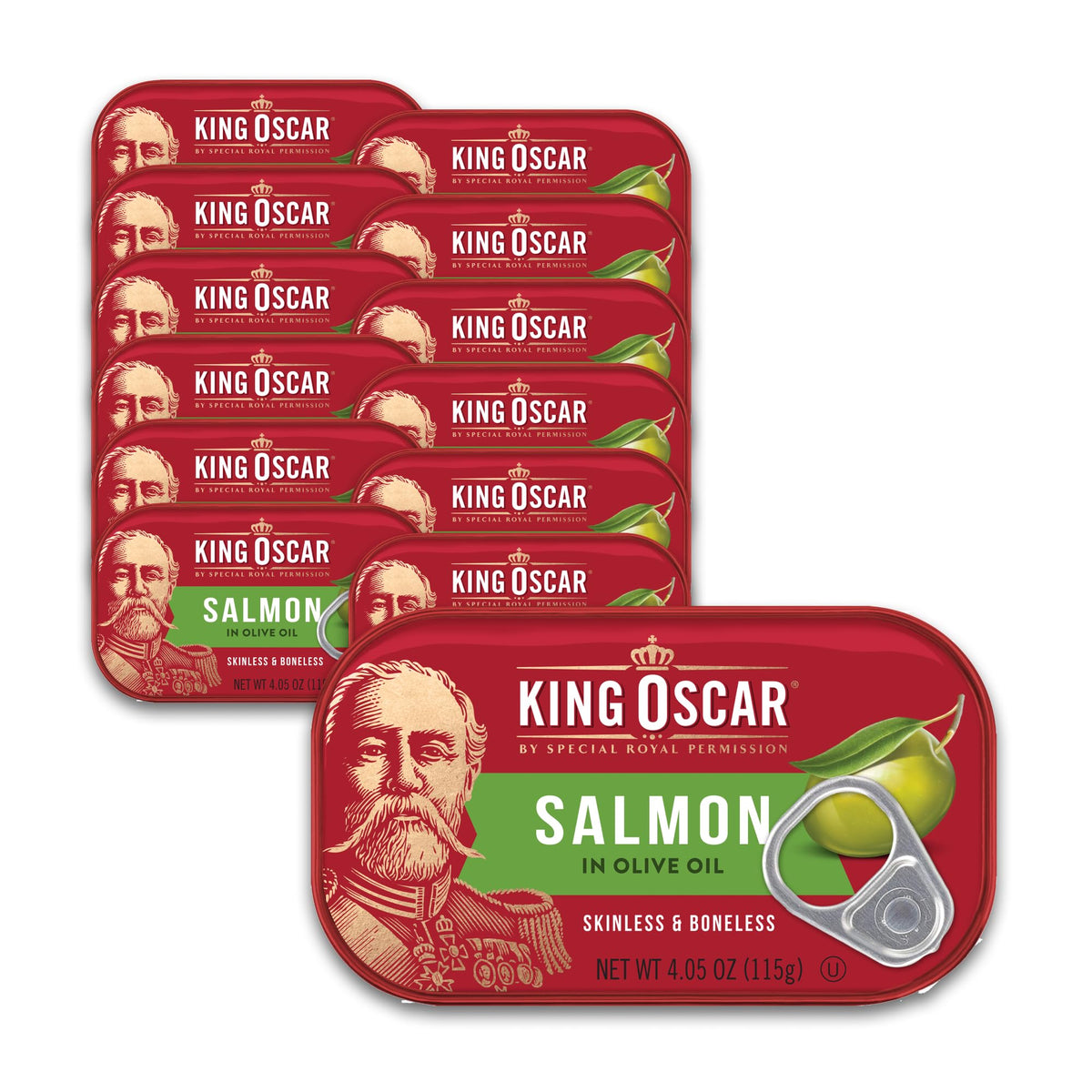 King Oscar Premium Salmon in Olive Oil label highlights premium quality for quick meals