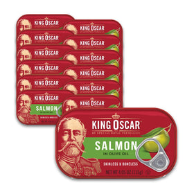 King Oscar Premium Salmon in Olive Oil label highlights premium quality for quick meals