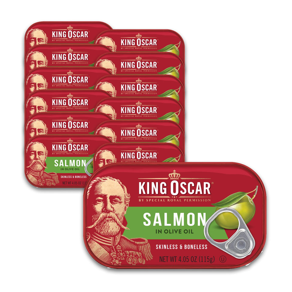 King Oscar Premium Salmon in Olive Oil label highlights premium quality for quick meals