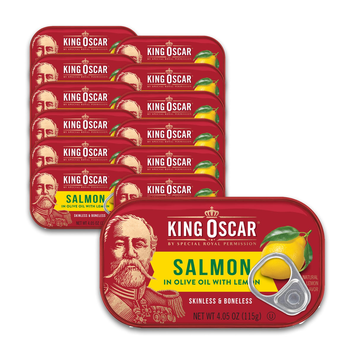 King Oscar salmon in olive oil with lemon, bright flavor for salads and bowls.