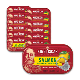 King Oscar salmon in olive oil with lemon, bright flavor for salads and bowls.
