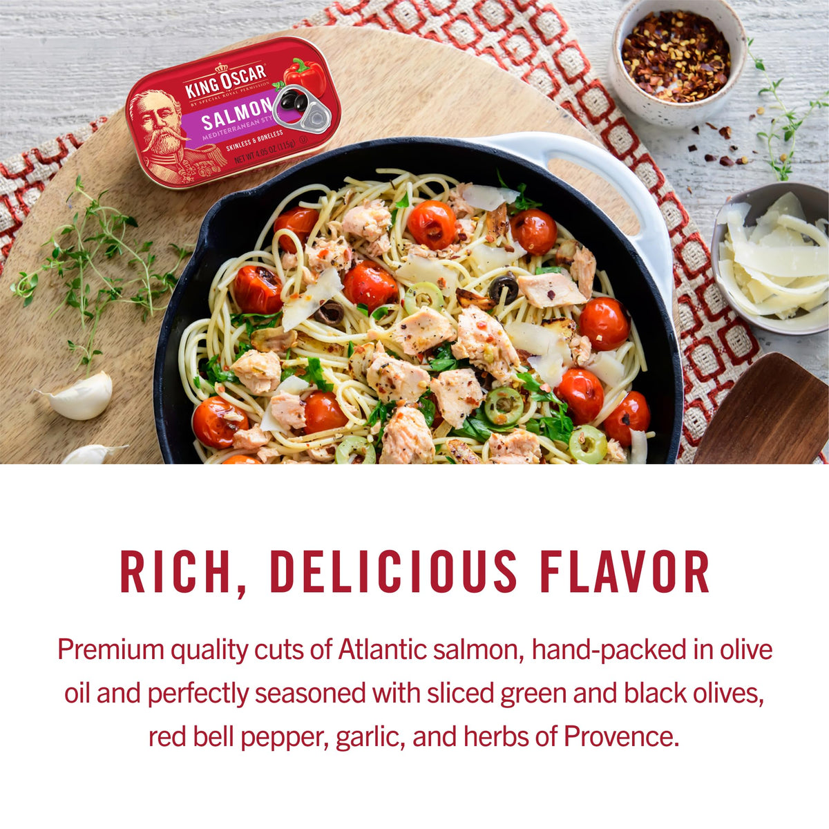 King Oscar Salmon in olive oil with olives and peppers, flavorful pairing.