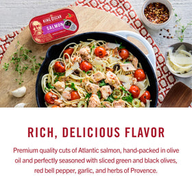 King Oscar Salmon in olive oil with olives and peppers, flavorful pairing.