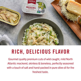 King Oscar skinless mackerel Mediterranean flavor can for savory lunches.