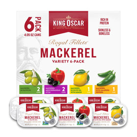 King Oscar skinless mackerel in olive oil cans for quick, protein-rich meals.