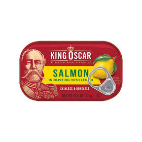 King Oscar skinless boneless salmon close-up, perfect for quick meals.