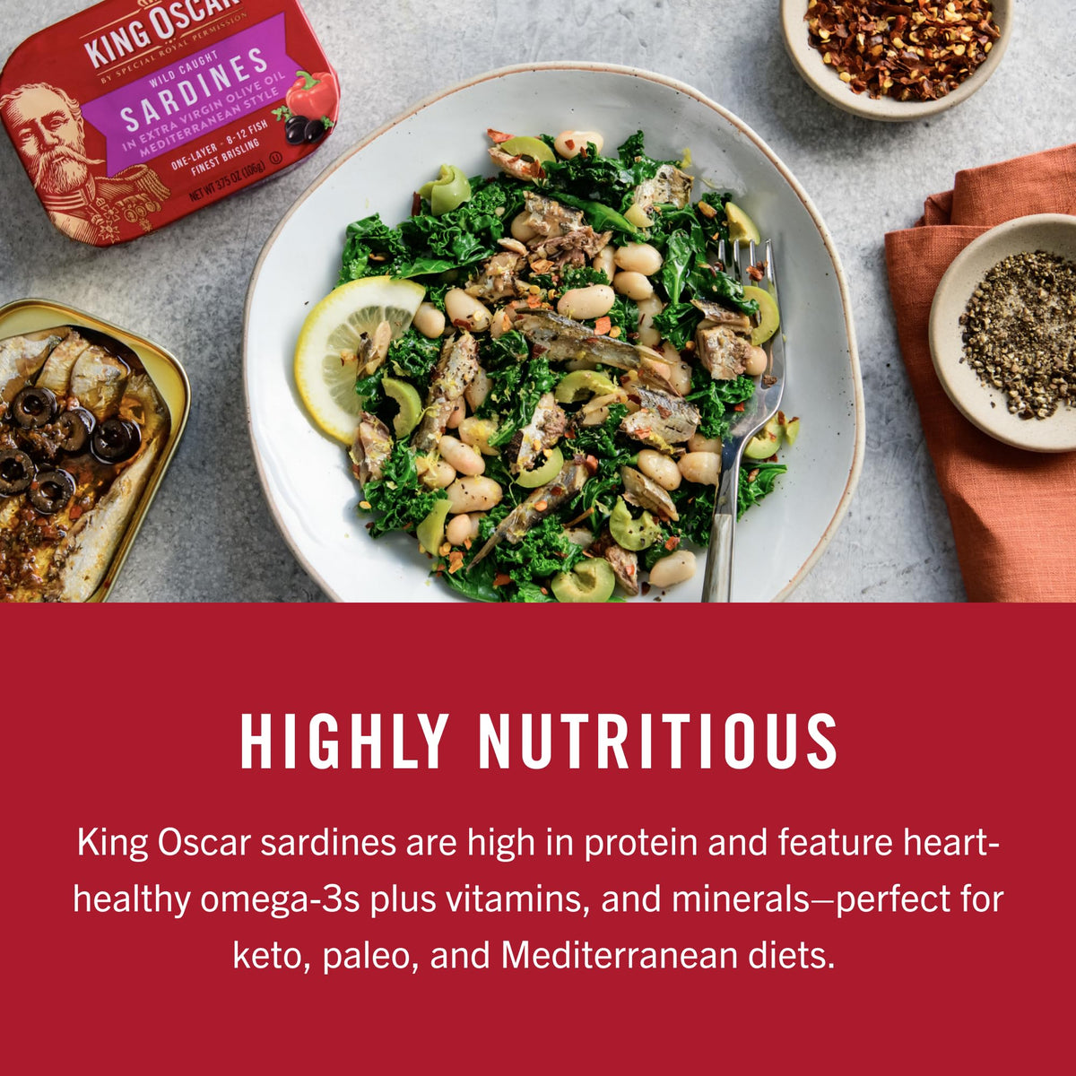 King Oscar nutrition panel on can showing protein and omega-3 details.