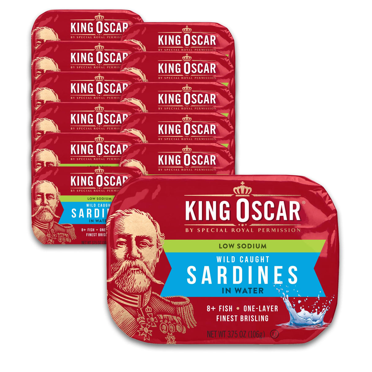 King Oscar wild-caught brisling sardines in water can label showcasing premium taste.