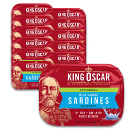 King Oscar wild-caught brisling sardines in water can label showcasing premium taste.