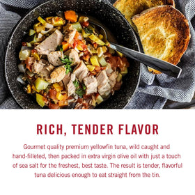 King Oscar yellowfin tuna nutrition label highlights high protein and zero carbs.