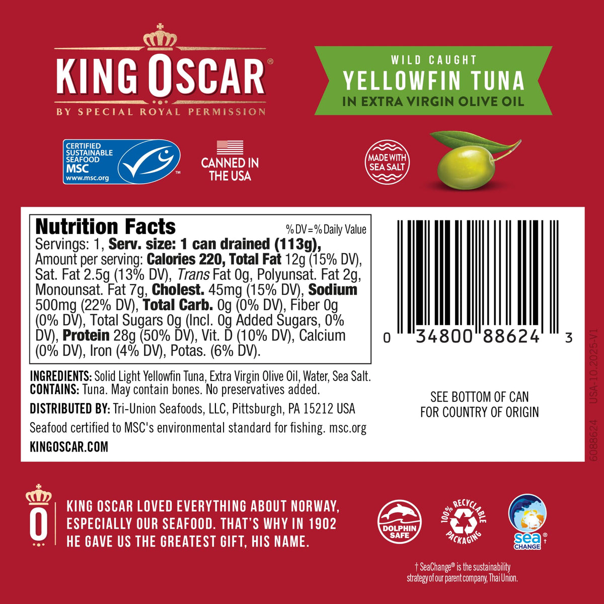 Opened King Oscar yellowfin tuna tin served with olive oil drizzle.