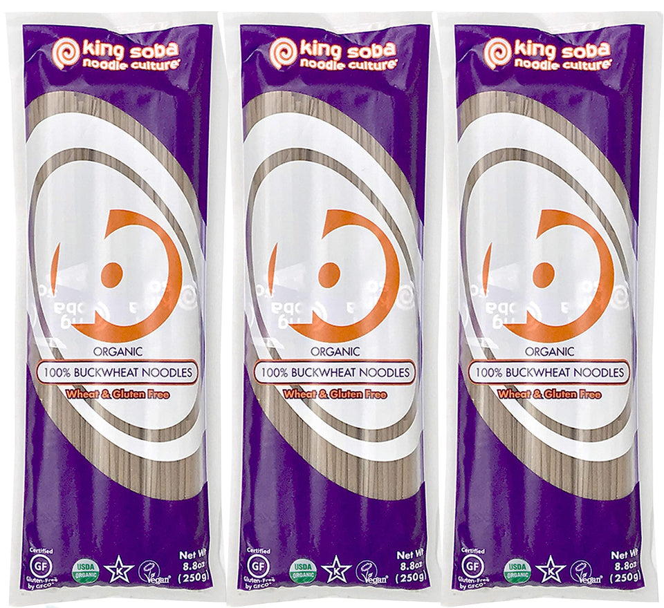 King Soba buckwheat noodles, uncooked, premium gluten-free pasta.