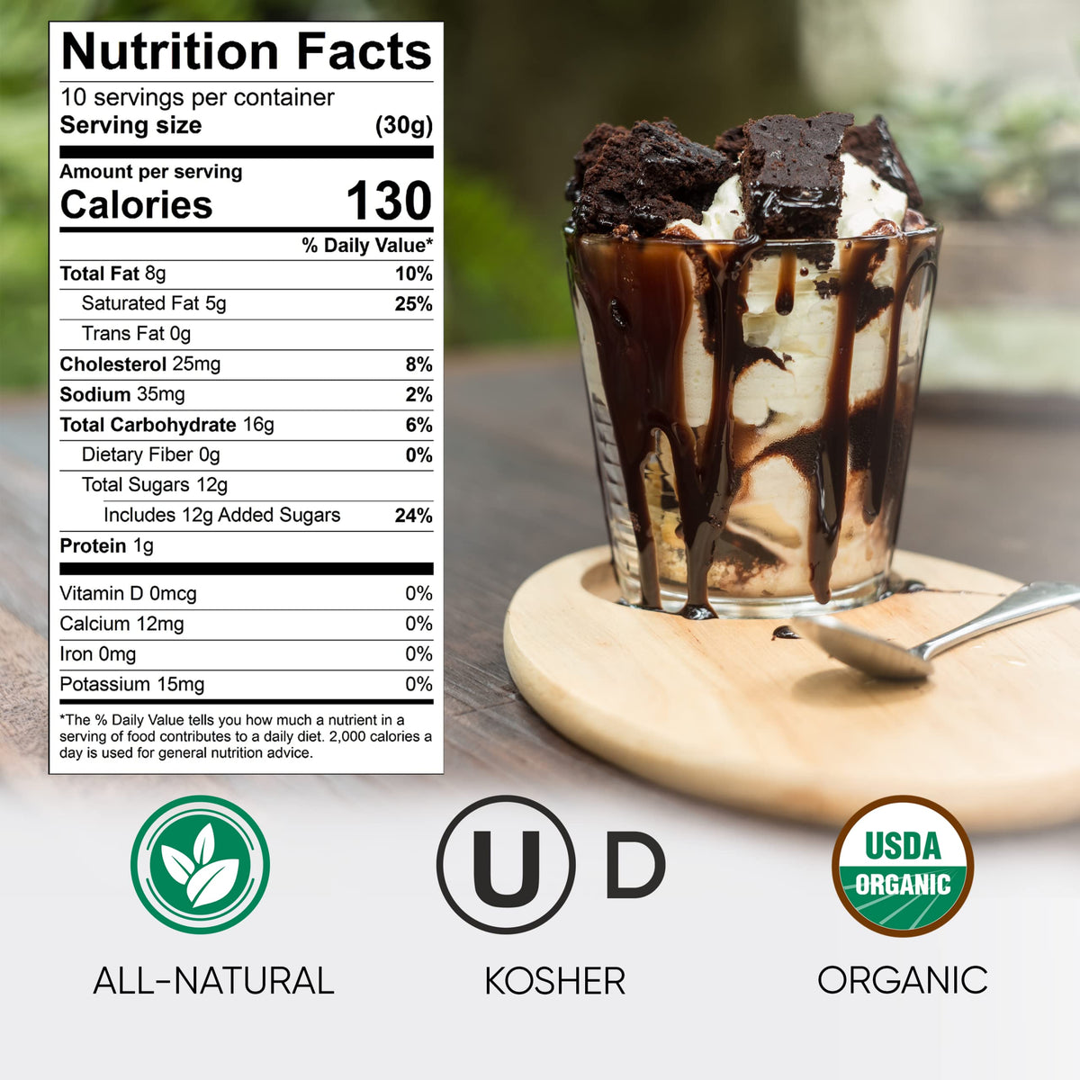 King's Cupboard hot fudge sauce drizzled over vanilla ice cream